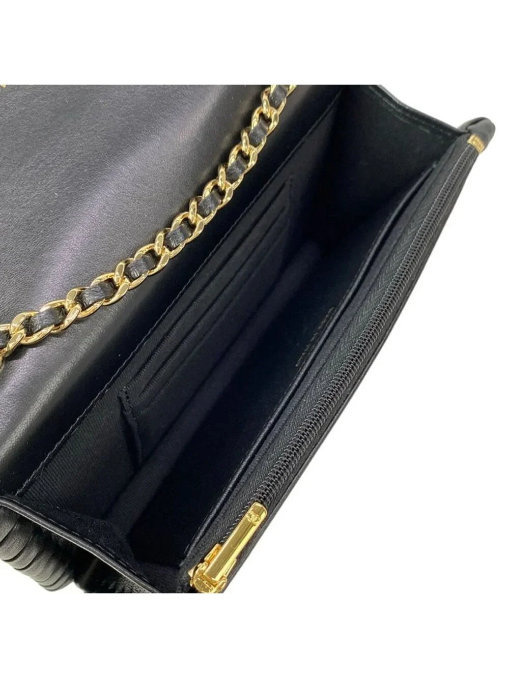 Chanel Wallet Quilted Black Chain Gold Coin Charm Braided Metal Lambskin